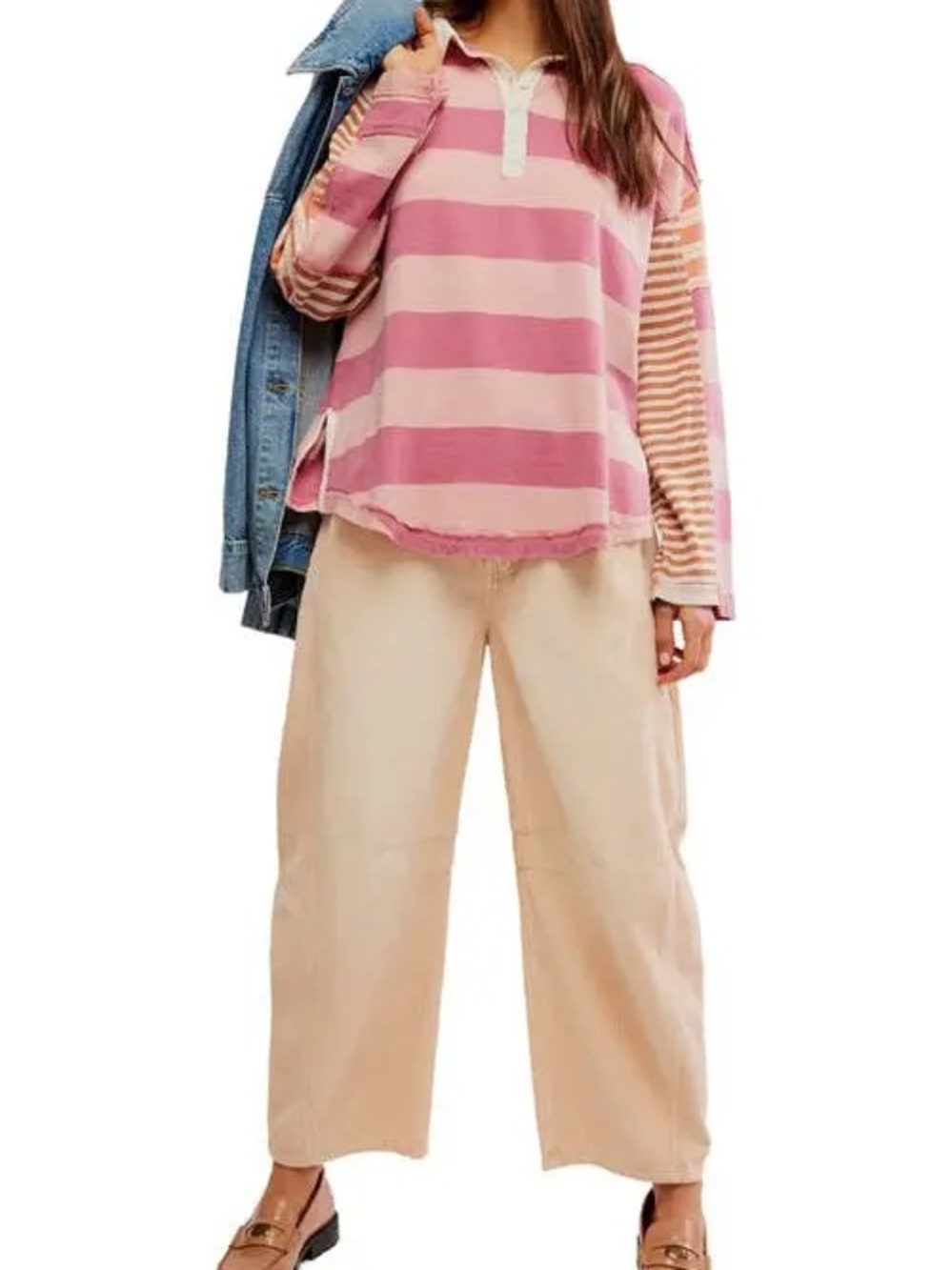 NWT We the Free Aster Striped Top Pink Orange Stripes Collared Rugby Shirt M